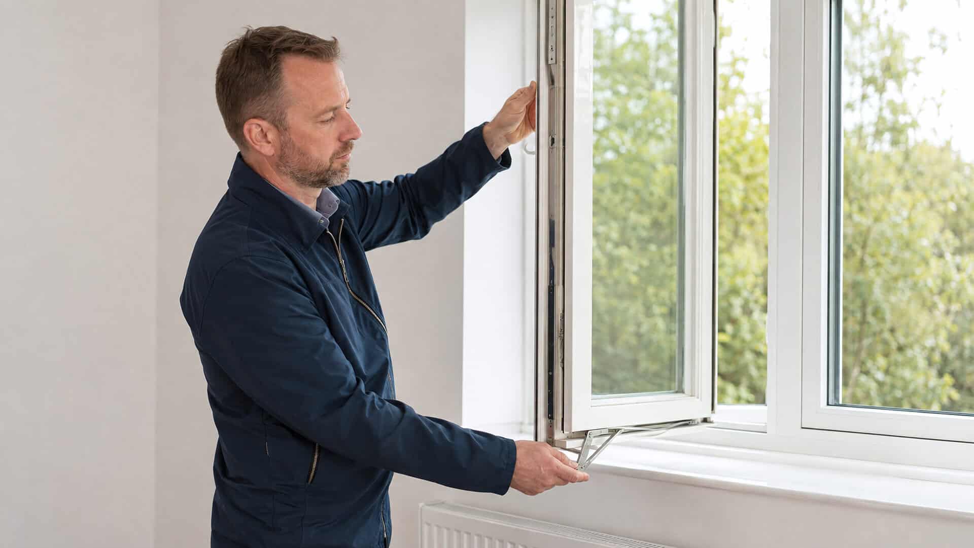 Glazier inspecting a white casement window