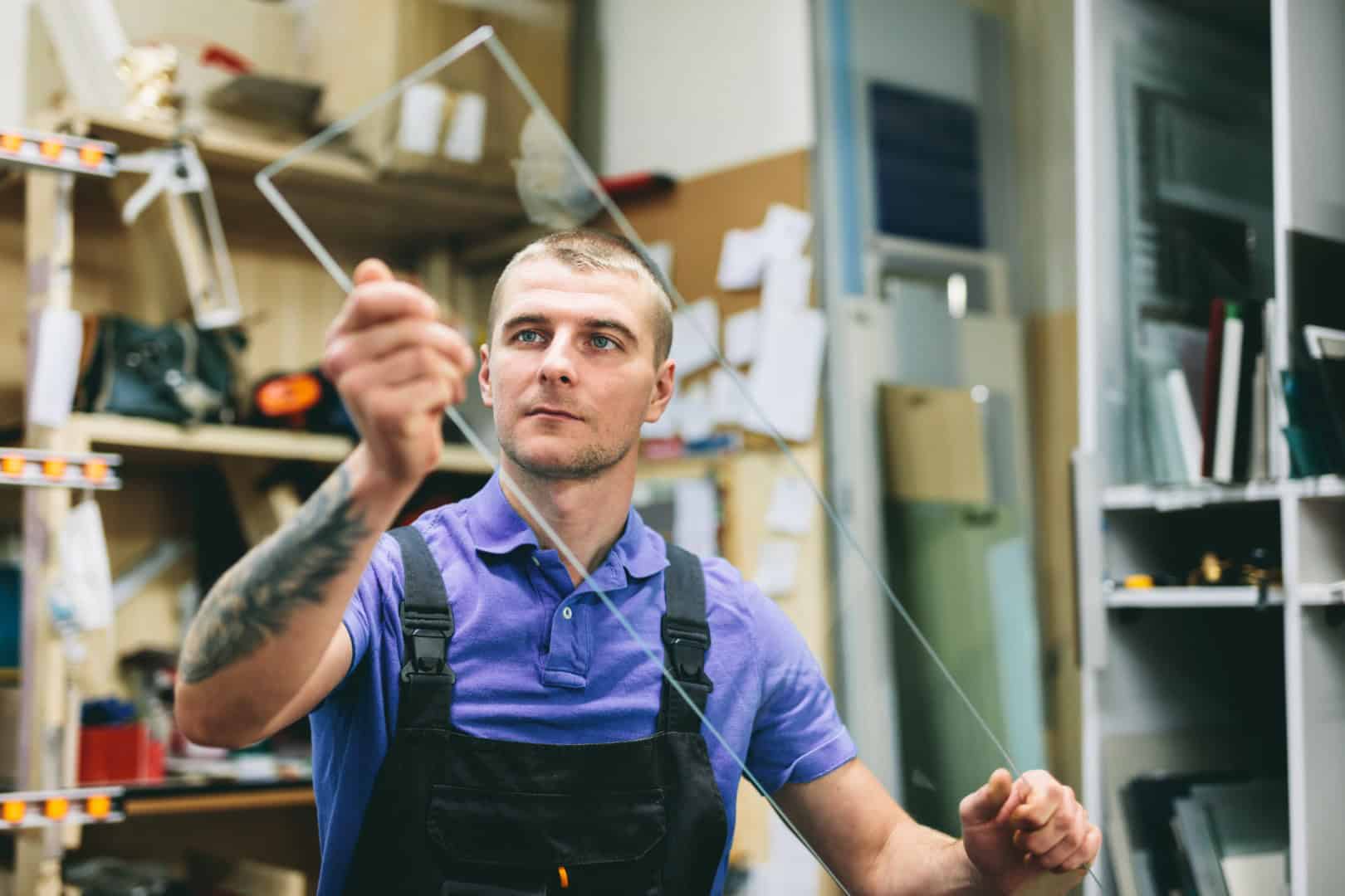 Glazier worker preparing glass in workshop. Industry