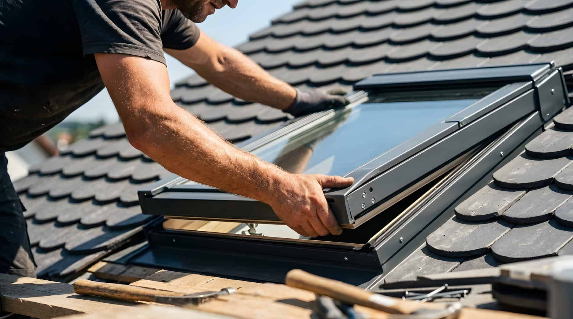 Installer positioning a roof window in a tiled pitched roof